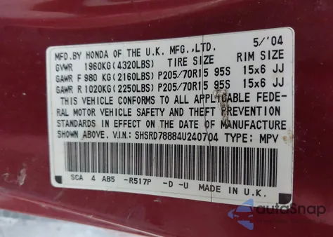 2004 Honda Cr-V Ex from USA, damaged, VIN SHSRD78884U240704